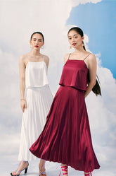 Spaghetti Strap Silk Dress with Pleated Midi Skirt and Relaxed Overlay
